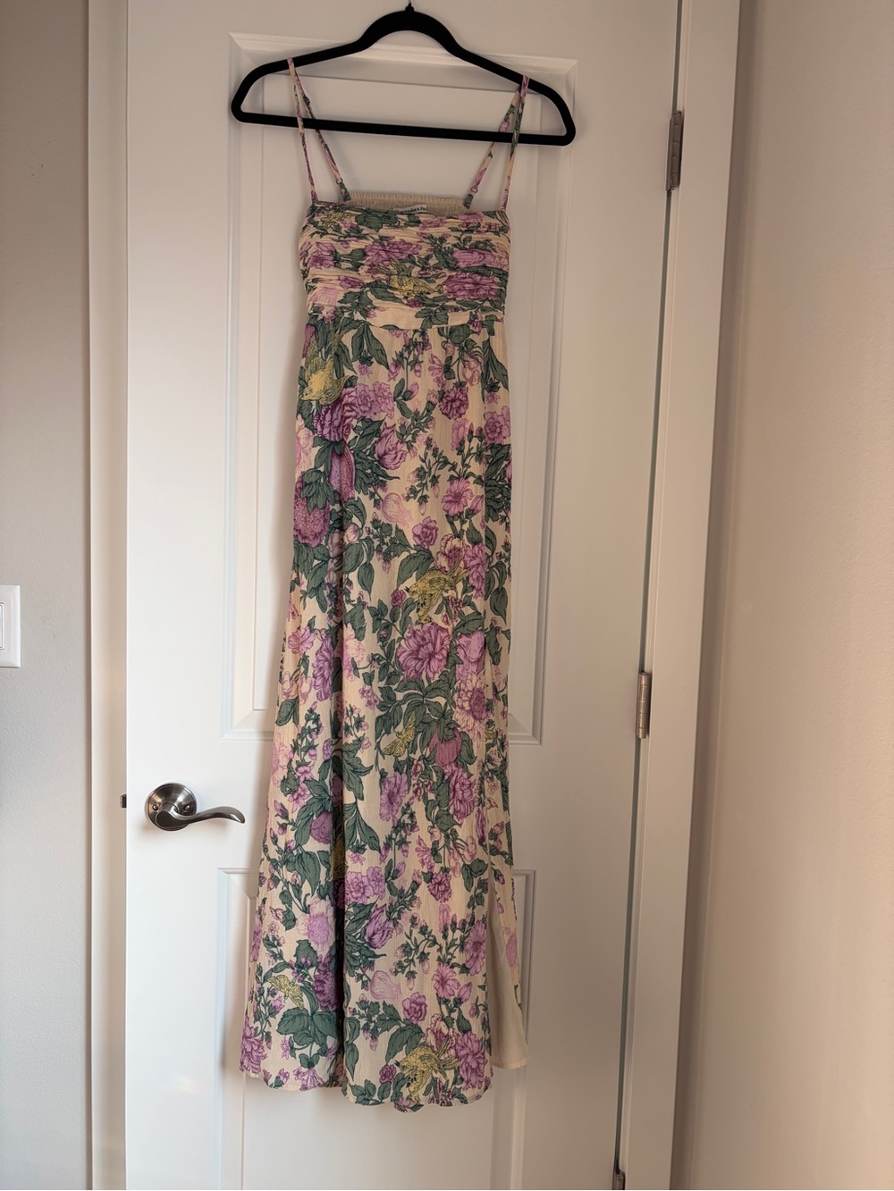 Abercrombie & Fitch Cream Floral Midi Dress with Lavender & Green Print (Small)